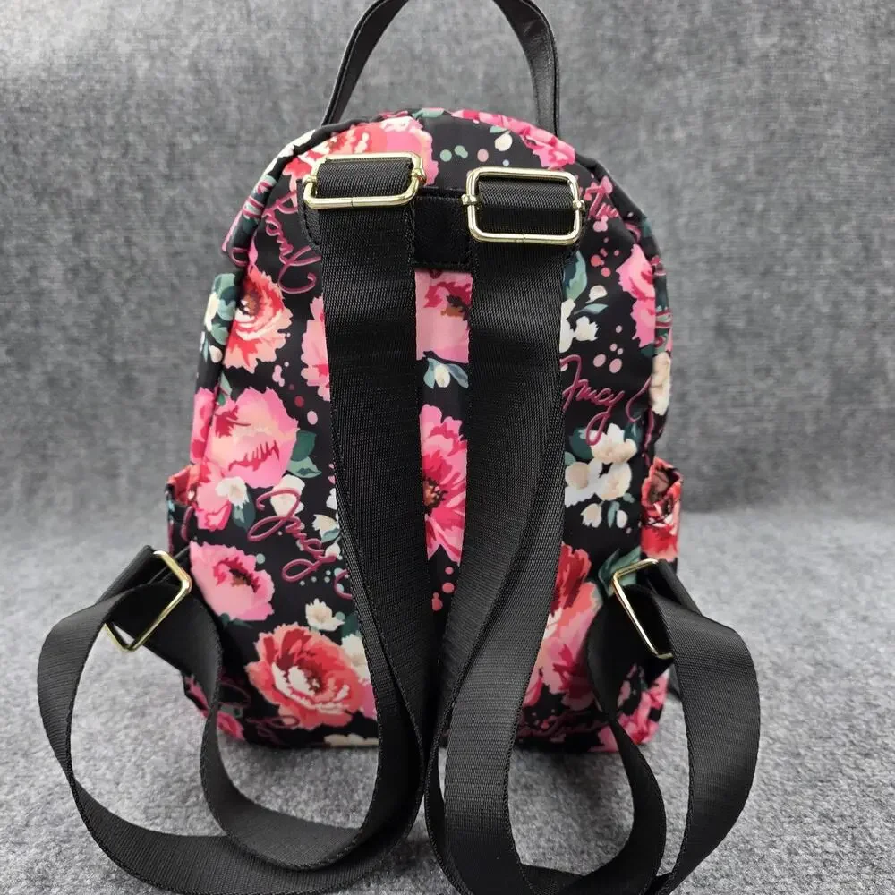 Juicy Couture Backpack Womens Mini Black Floral Rose Print Casual Daypack Zip